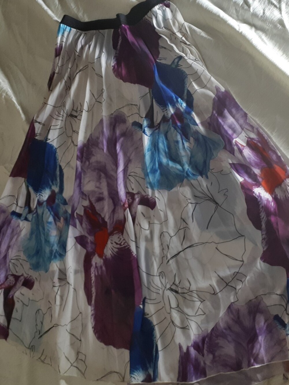 Floral Printed A-Line Skirt in White with Purple & Blue Blooms